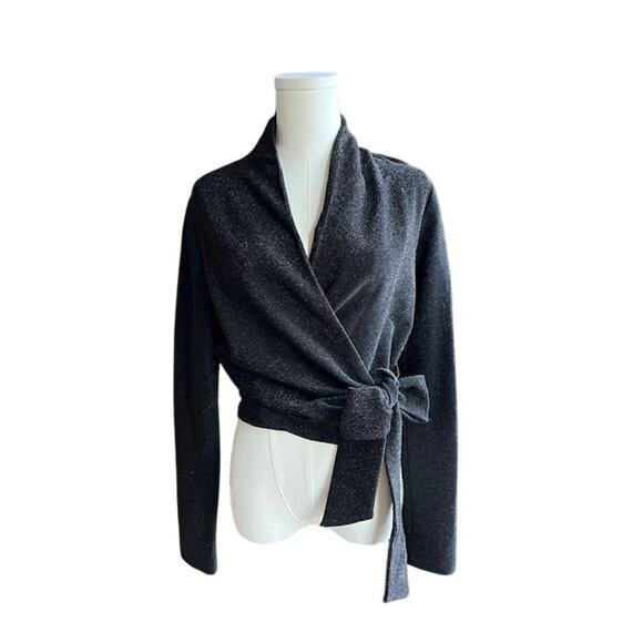 GANNI Black Metallic Stretch Knit Wrap Top, Size 42 (L-XL) - Picture 1 of 9
